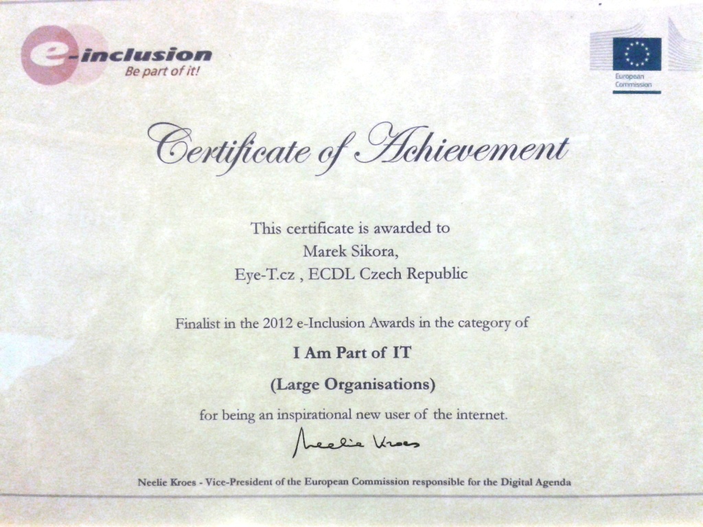 Certifikt finalisty e-Inclusion Awards 2012
